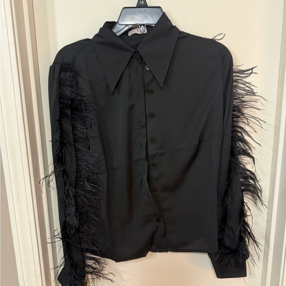 Black Feather Trim Button-Up Shirt